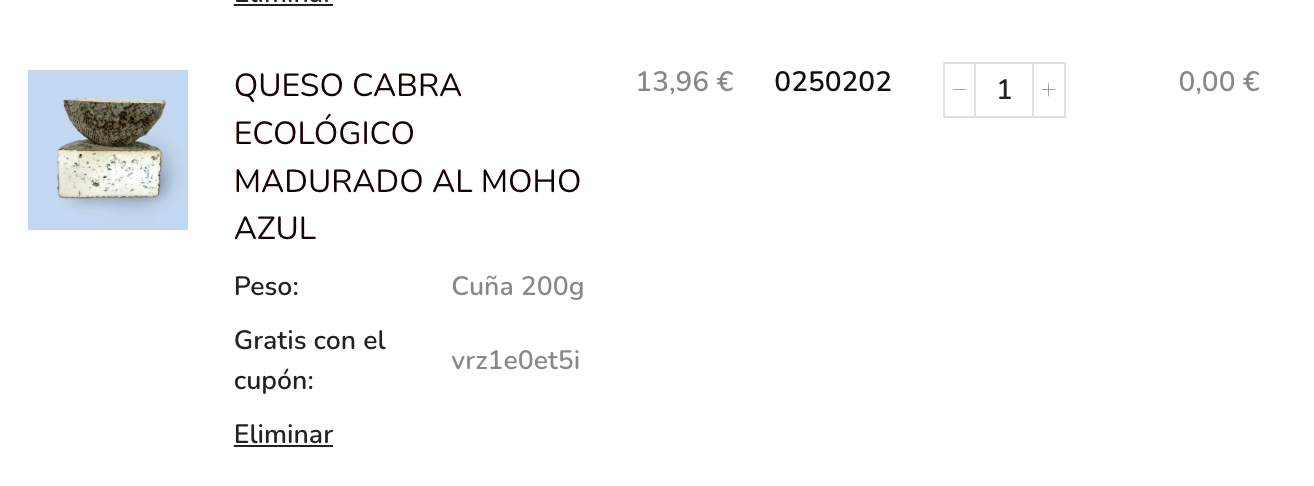 Vista del carrito con el regalo añadido y el cupón aplicado al 100 %